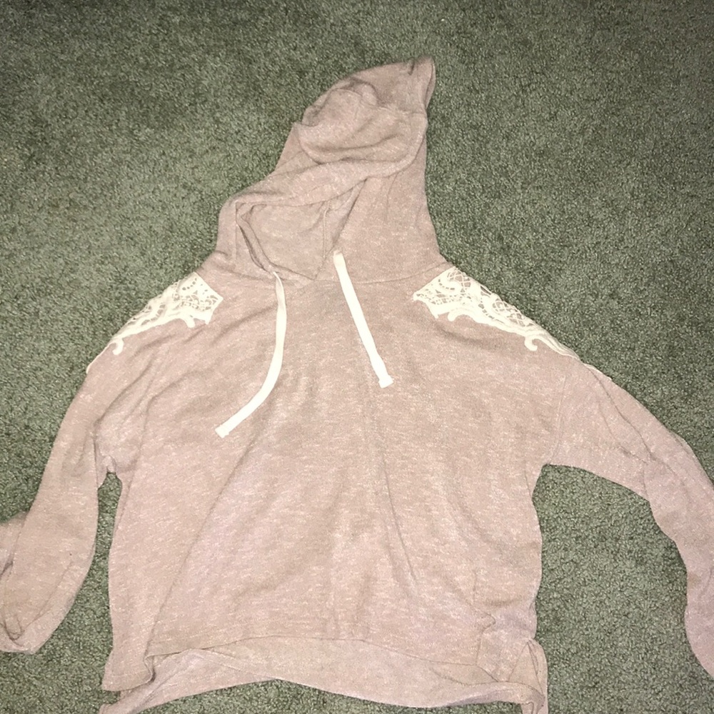 Tan Sweatshirt with white thick lace on shoulders